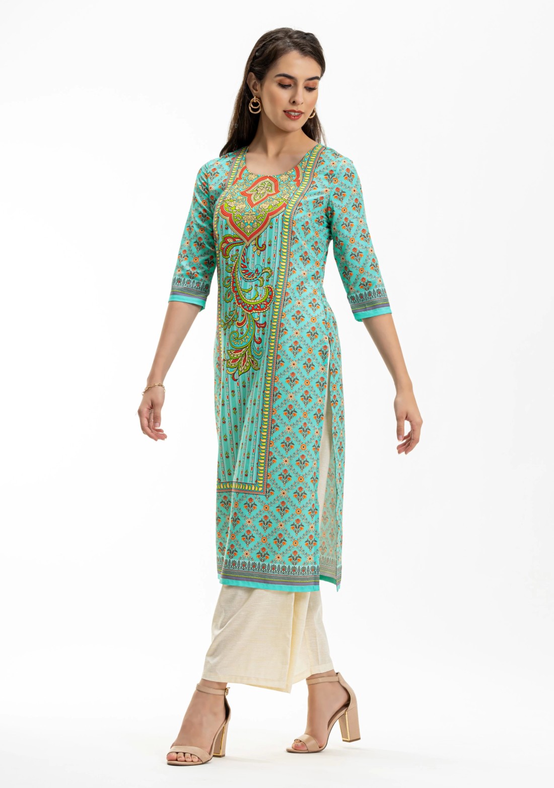 Green Ethnic Print Rayon Straight Kurta