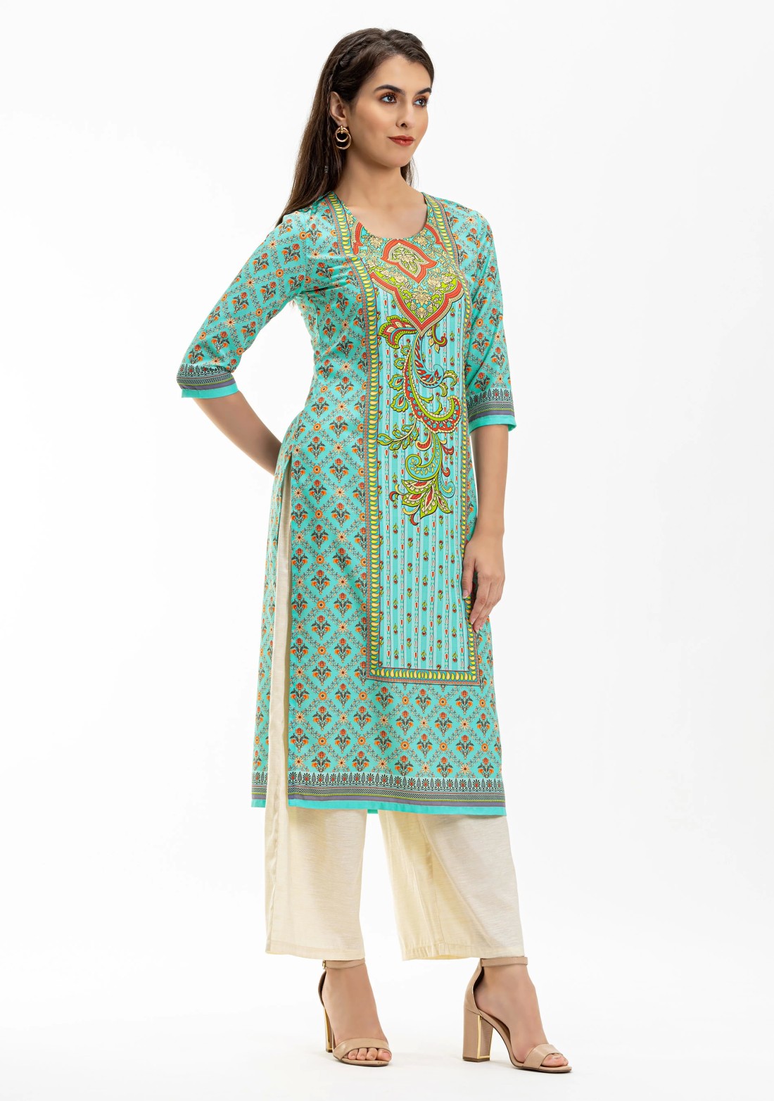 Green Ethnic Print Rayon Straight Kurta