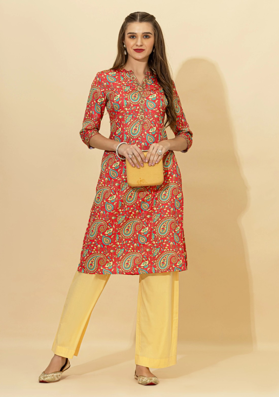 Red Paisley Print Rayon Straight Kurta