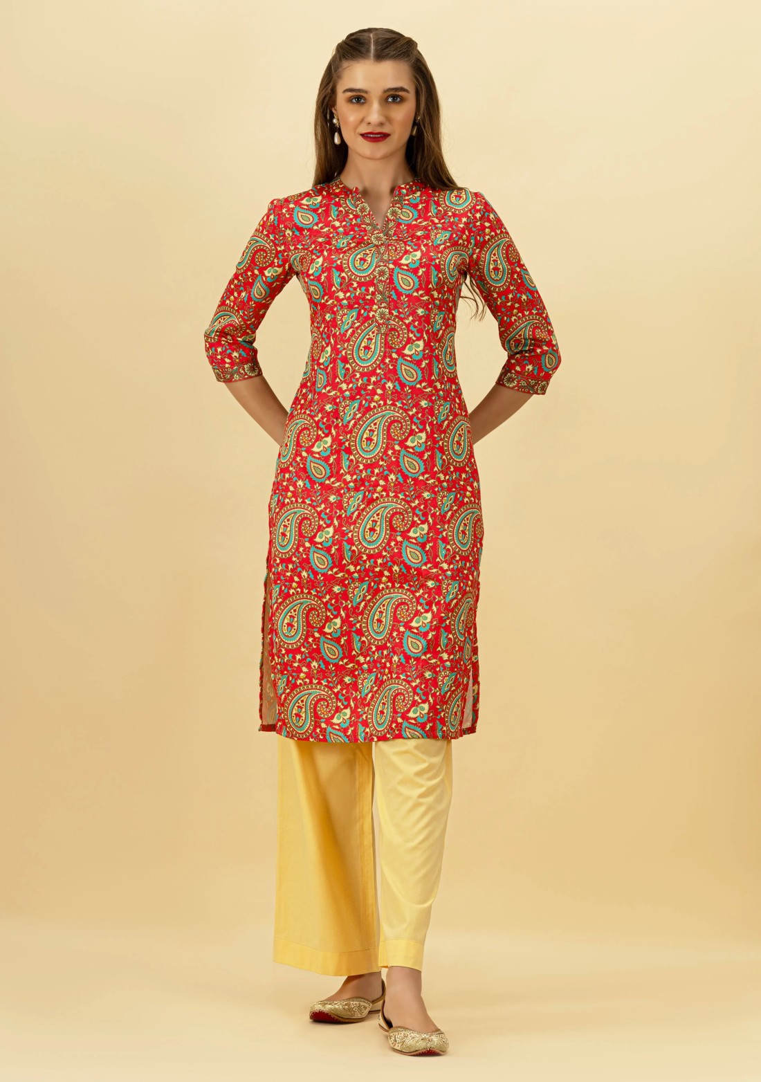 Red Paisley Print Rayon Straight Kurta