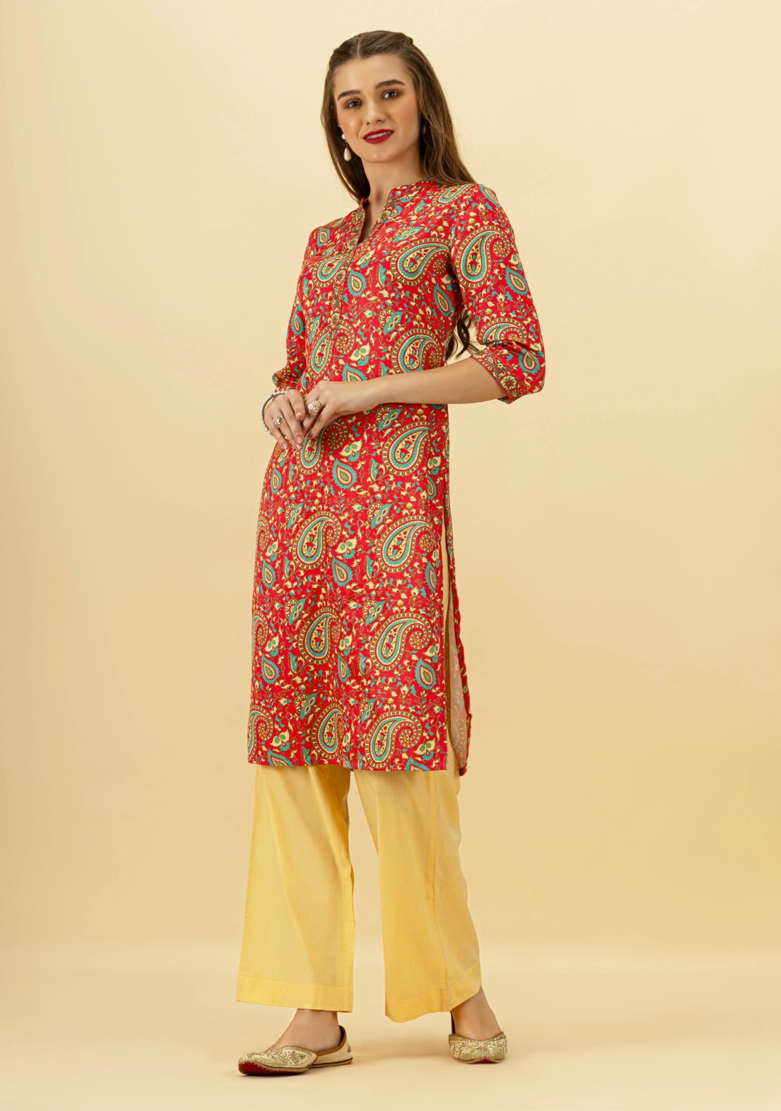 Red Paisley Print Rayon Straight Kurta