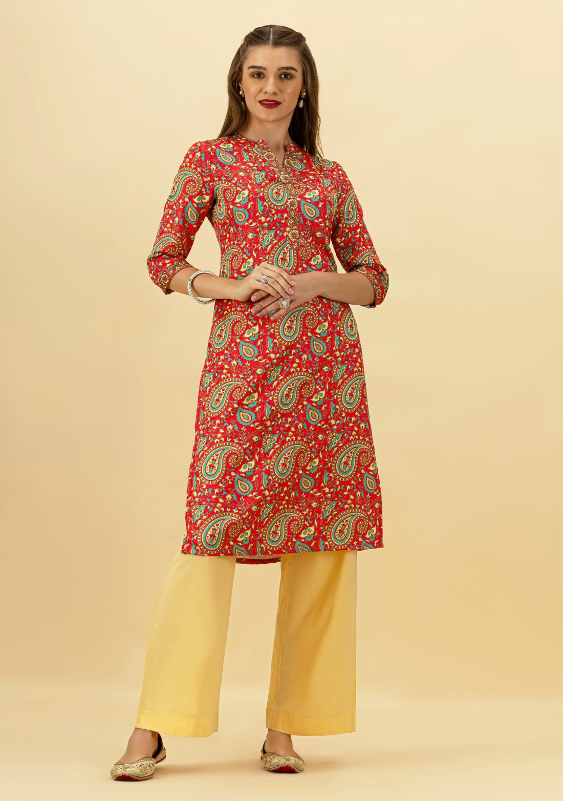 Red Paisley Print Rayon Straight Kurta