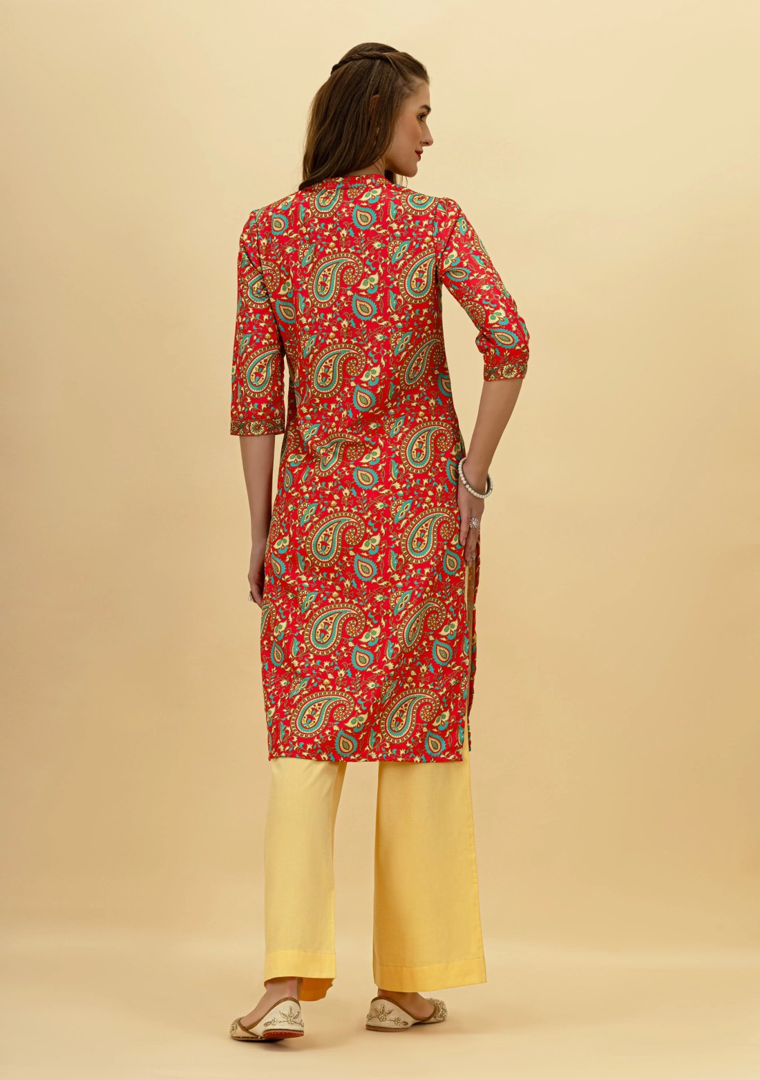 Red Paisley Print Rayon Straight Kurta