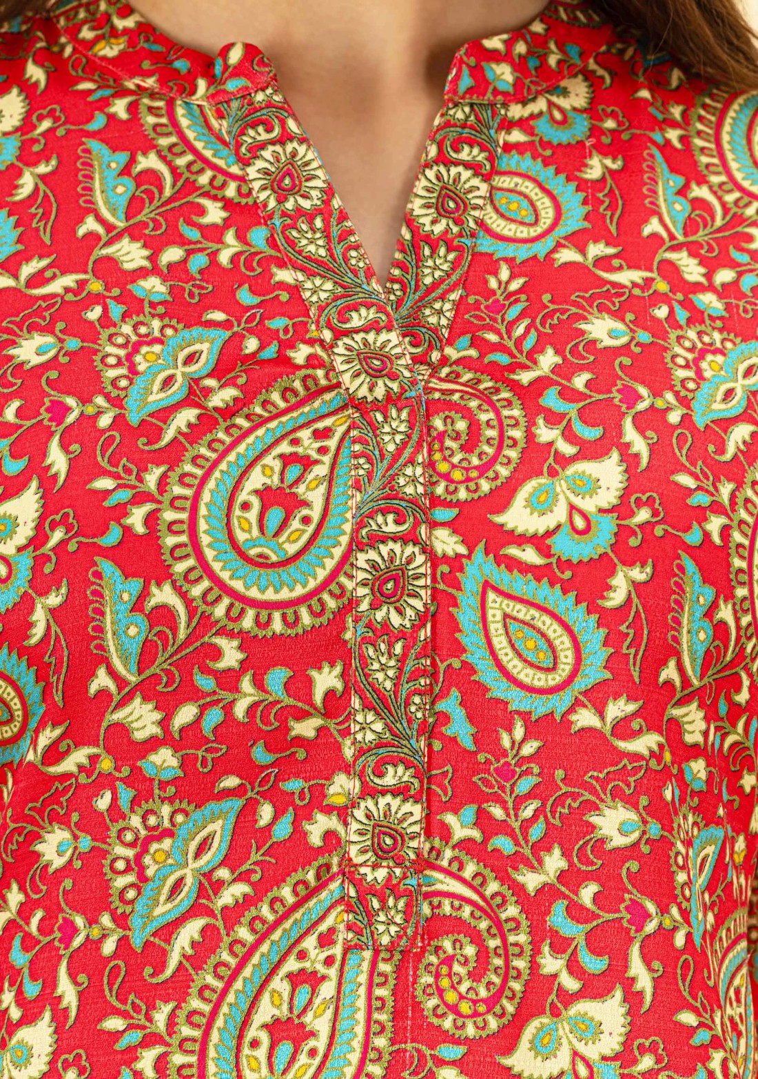 Red Paisley Print Rayon Straight Kurta