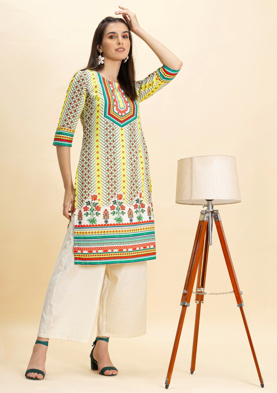 Multi-Colour Ethnic Print Rayon Straight Kurta