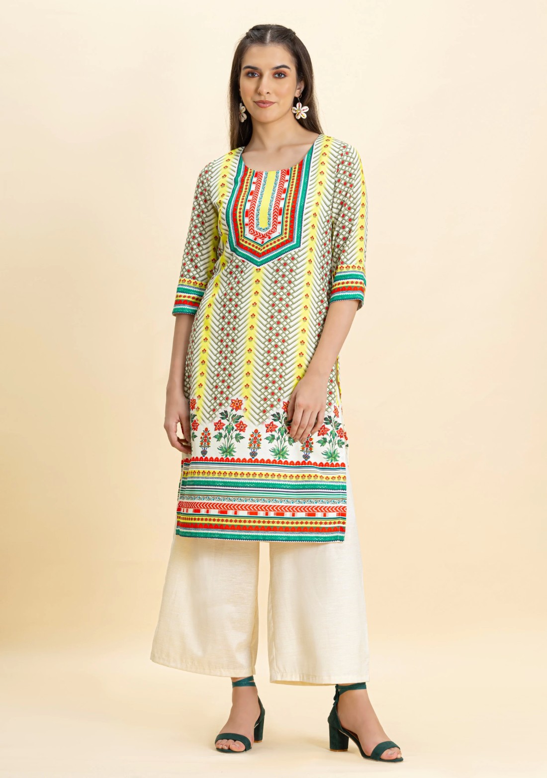 Multi-Colour Ethnic Print Rayon Straight Kurta