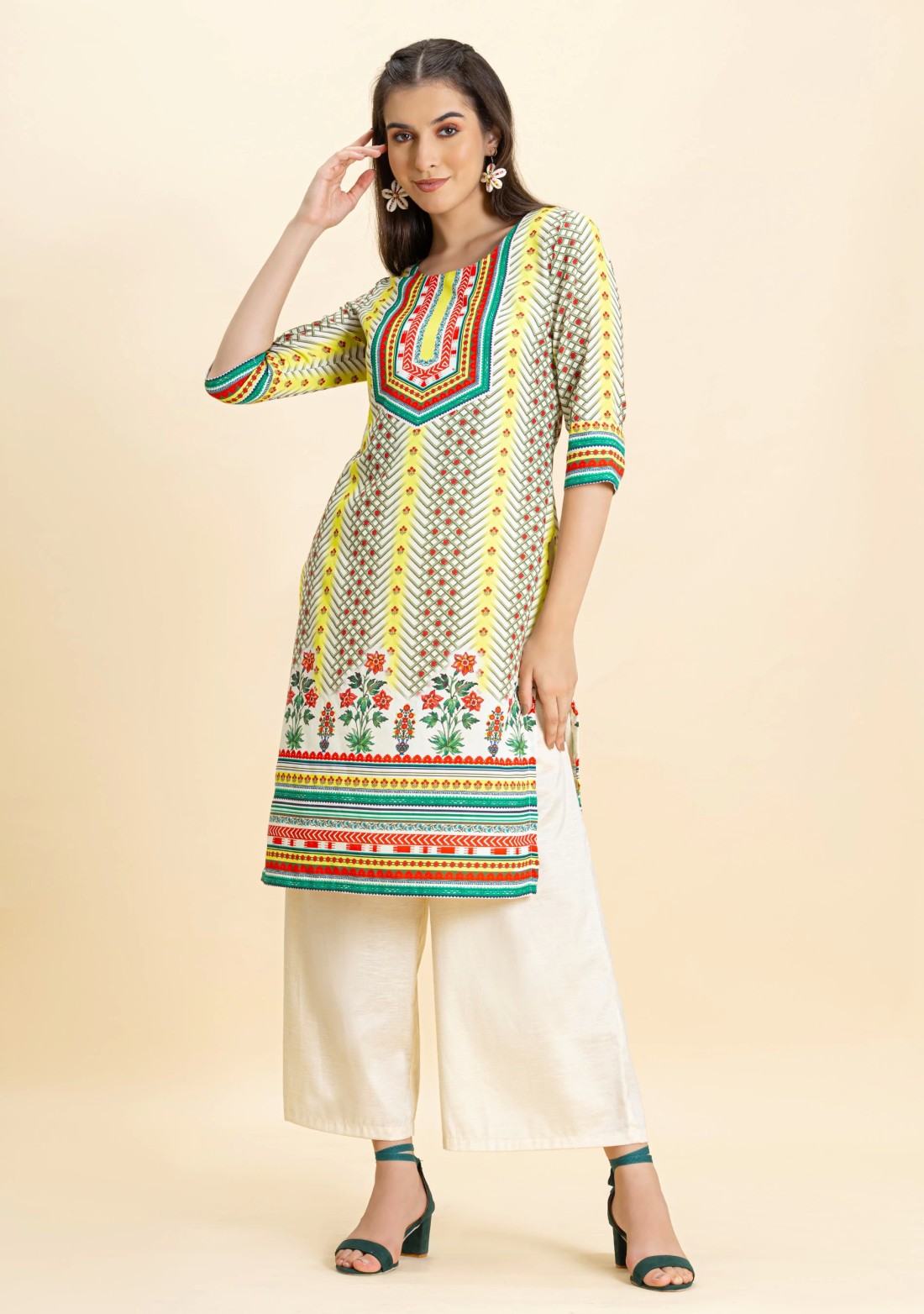 Multi-Colour Ethnic Print Rayon Straight Kurta