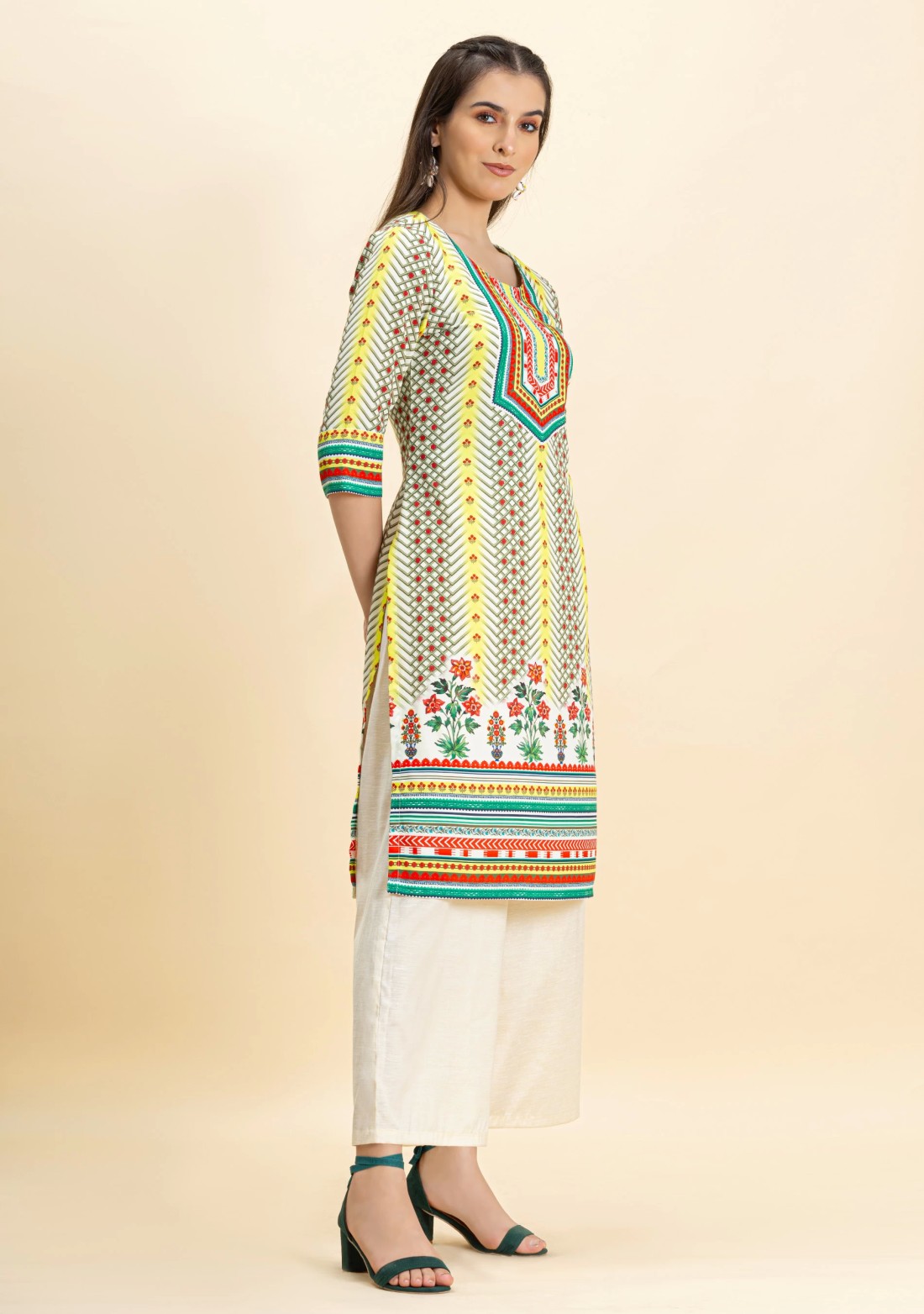 Multi-Colour Ethnic Print Rayon Straight Kurta