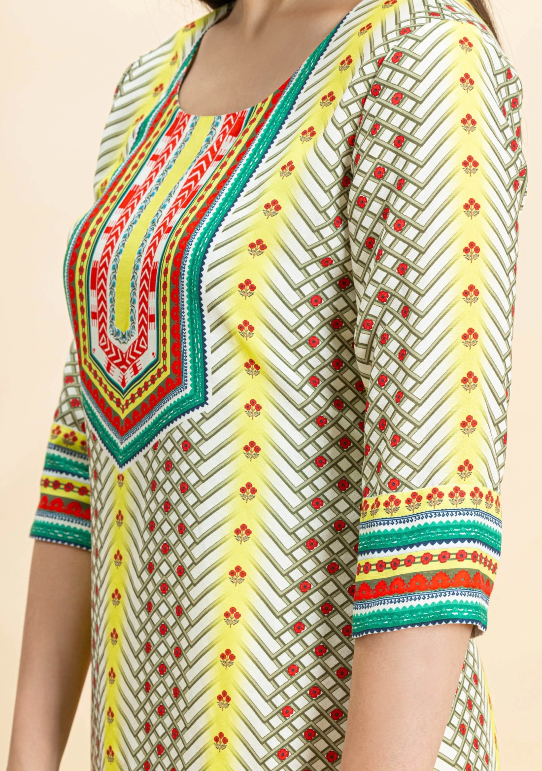 Multi-Colour Ethnic Print Rayon Straight Kurta