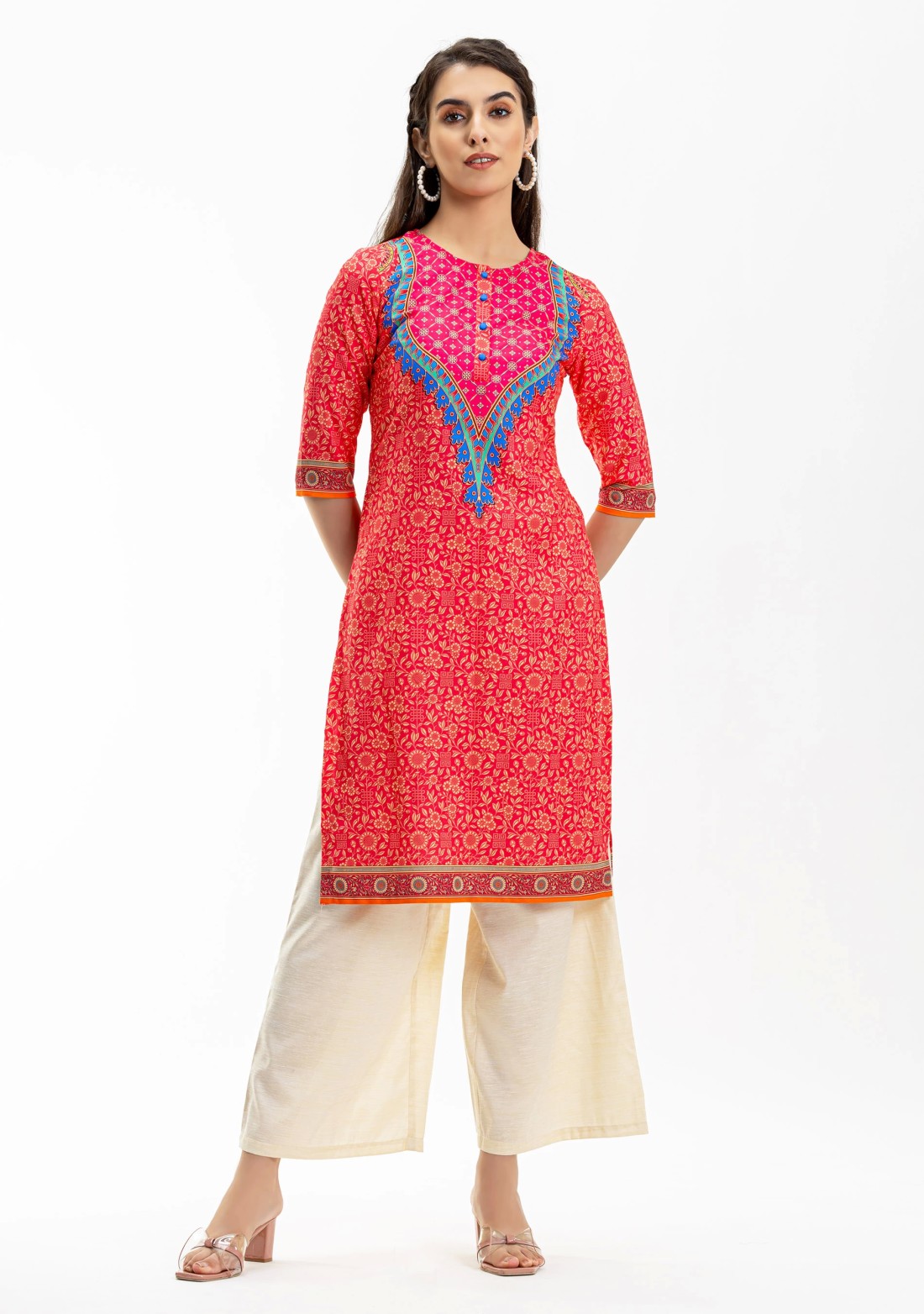 Pink Ethnic Motif Print Rayon Straight Kurta