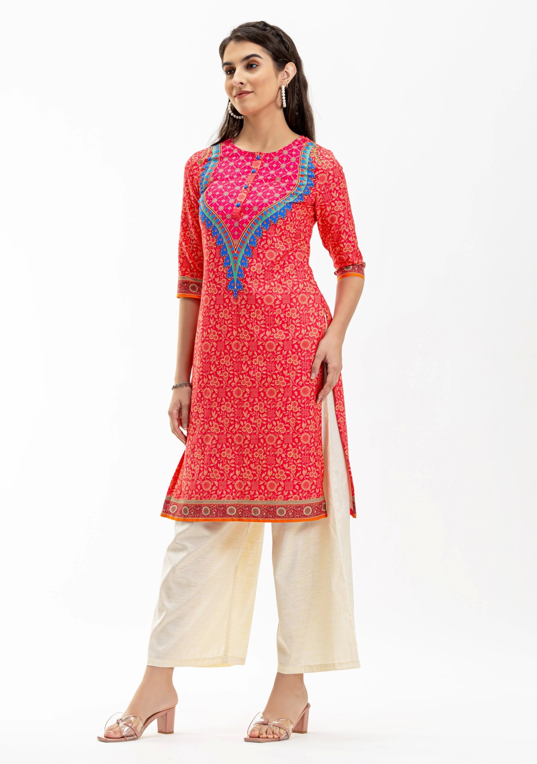 Pink Ethnic Motif Print Rayon Straight Kurta