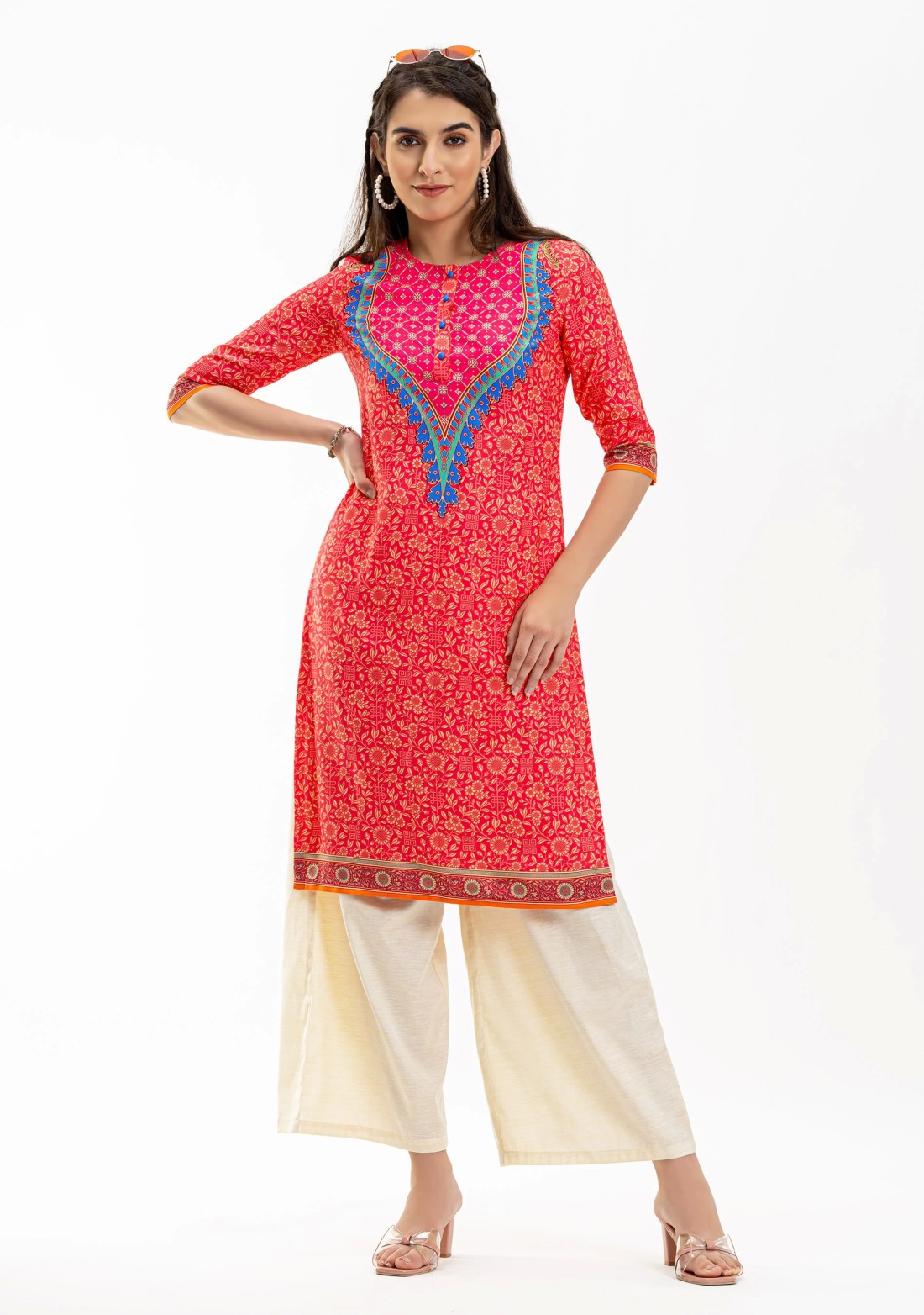 Pink Ethnic Motif Print Rayon Straight Kurta