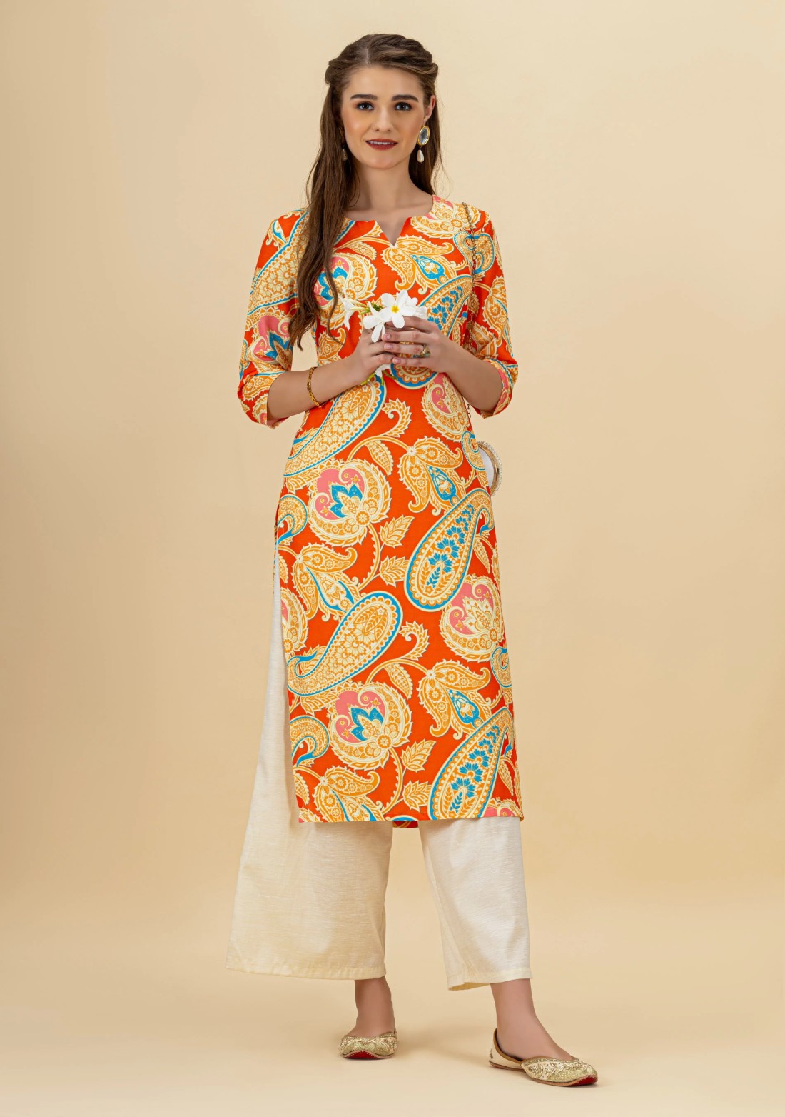 Multi Colour Paisley Print Rayon Straight Kurta