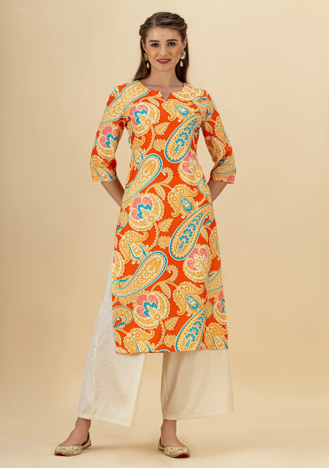 Multi Colour Paisley Print Rayon Straight Kurta