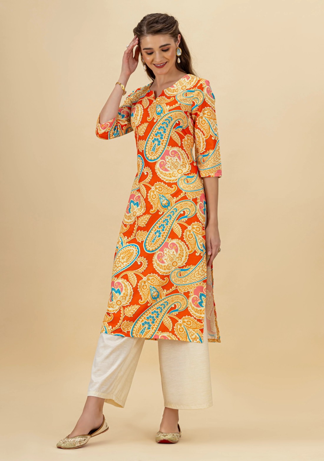 Multi Colour Paisley Print Rayon Straight Kurta