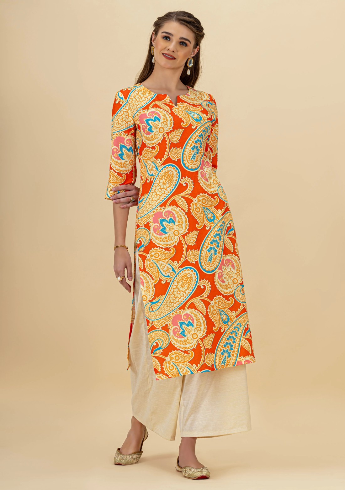 Multi Colour Paisley Print Rayon Straight Kurta