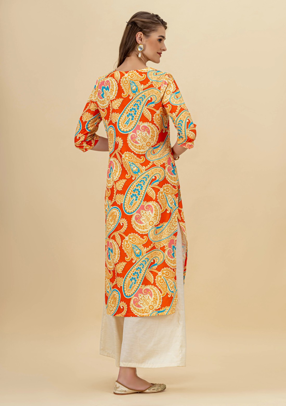 Multi Colour Paisley Print Rayon Straight Kurta