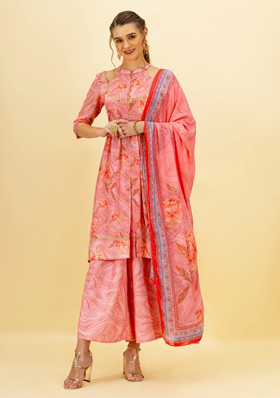 Pink Floral Print Front Slit Asymmetrical Kurta and Palazzo Pants with Dupatta