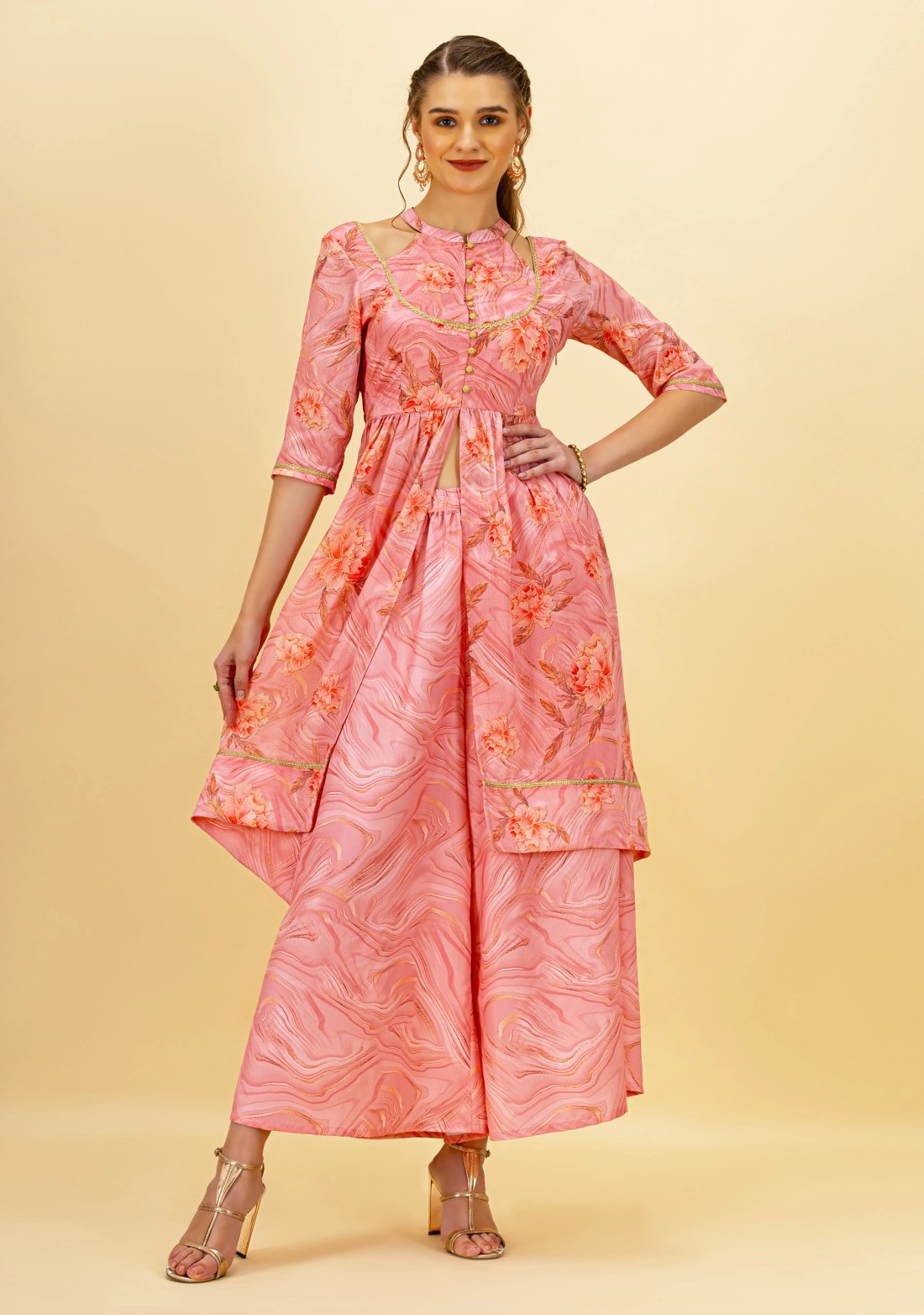 Pink Floral Print Front Slit Asymmetrical Kurta and Palazzo Pants with Dupatta