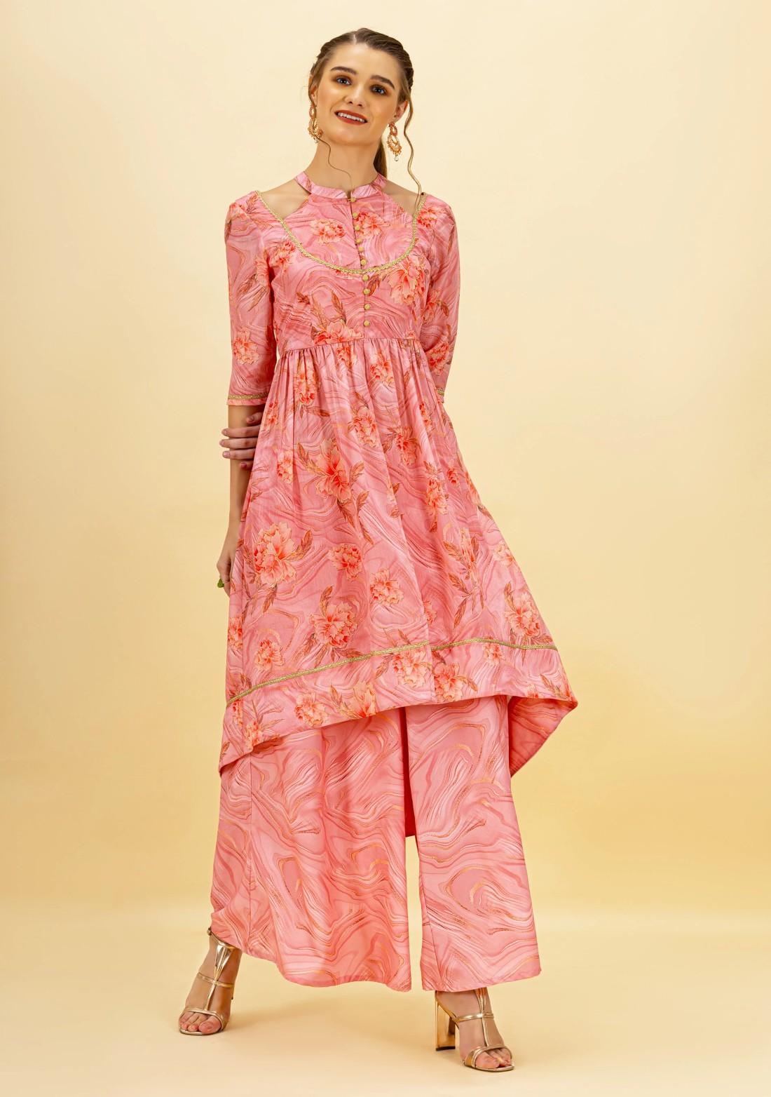 Pink Floral Print Front Slit Asymmetrical Kurta and Palazzo Pants with Dupatta