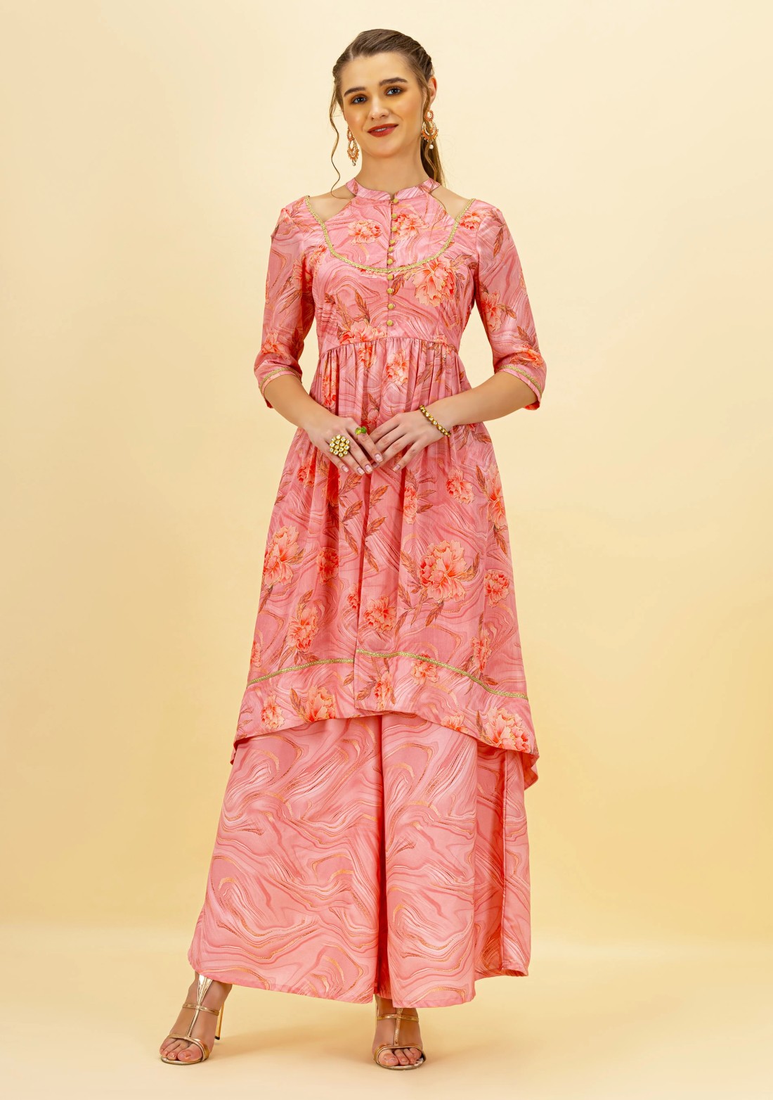 Pink Floral Print Front Slit Asymmetrical Kurta and Palazzo Pants with Dupatta