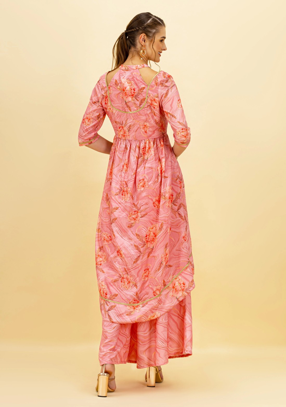 Pink Floral Print Front Slit Asymmetrical Kurta and Palazzo Pants with Dupatta