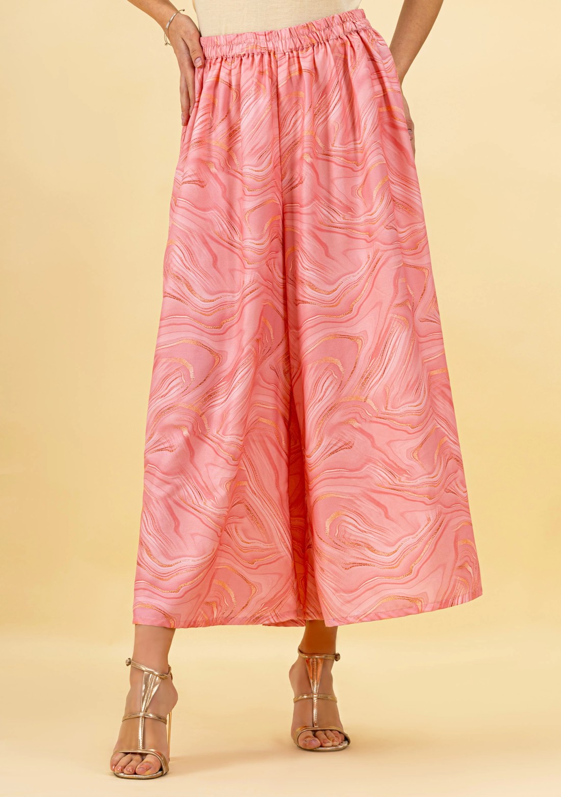 Pink Floral Print Front Slit Asymmetrical Kurta and Palazzo Pants with Dupatta