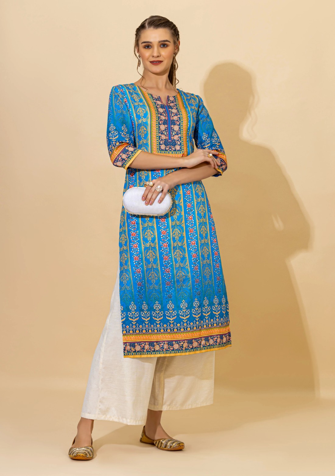 Blue Ethnic Motif Print Rayon Straight Kurta