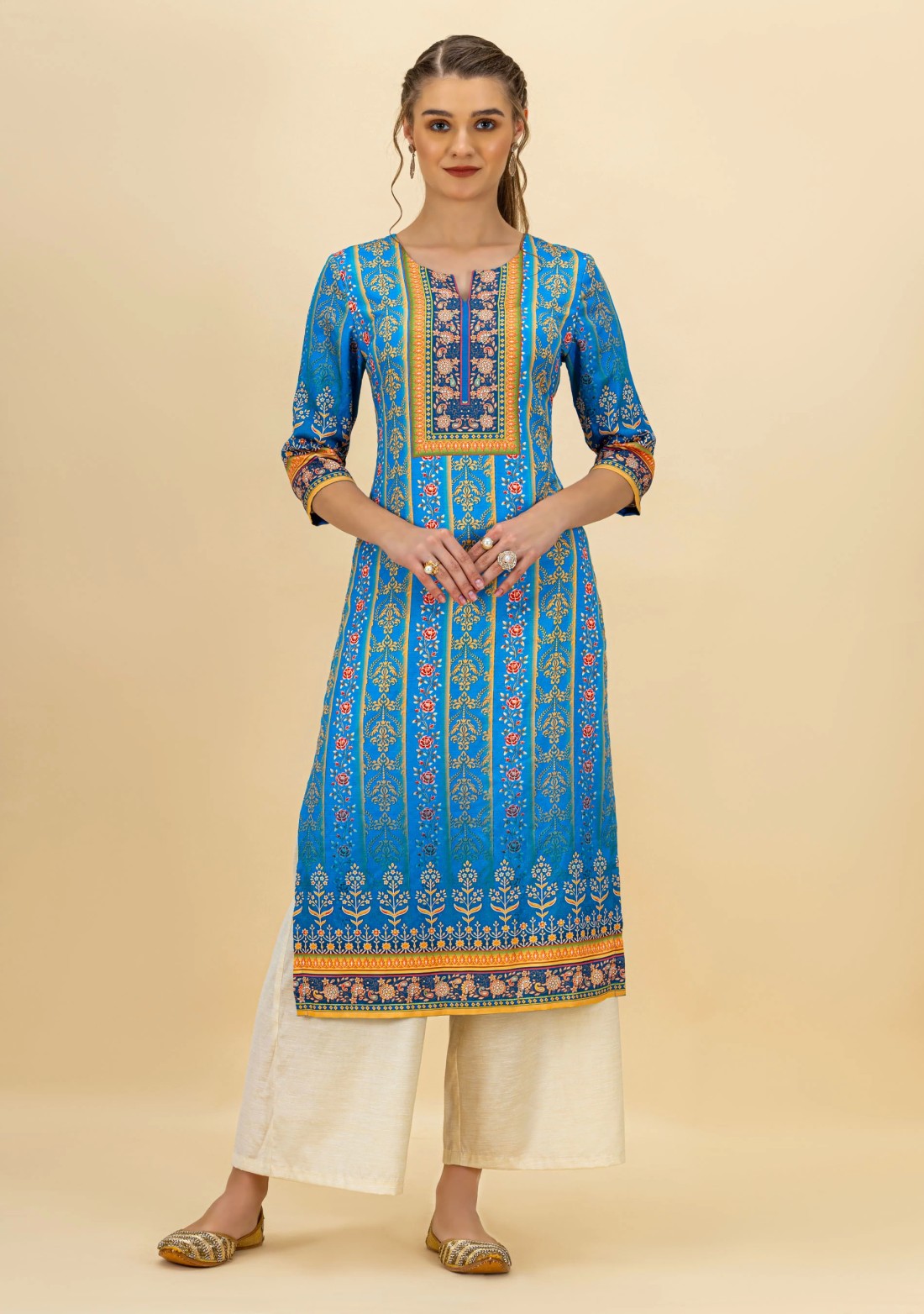 Blue Ethnic Motif Print Rayon Straight Kurta