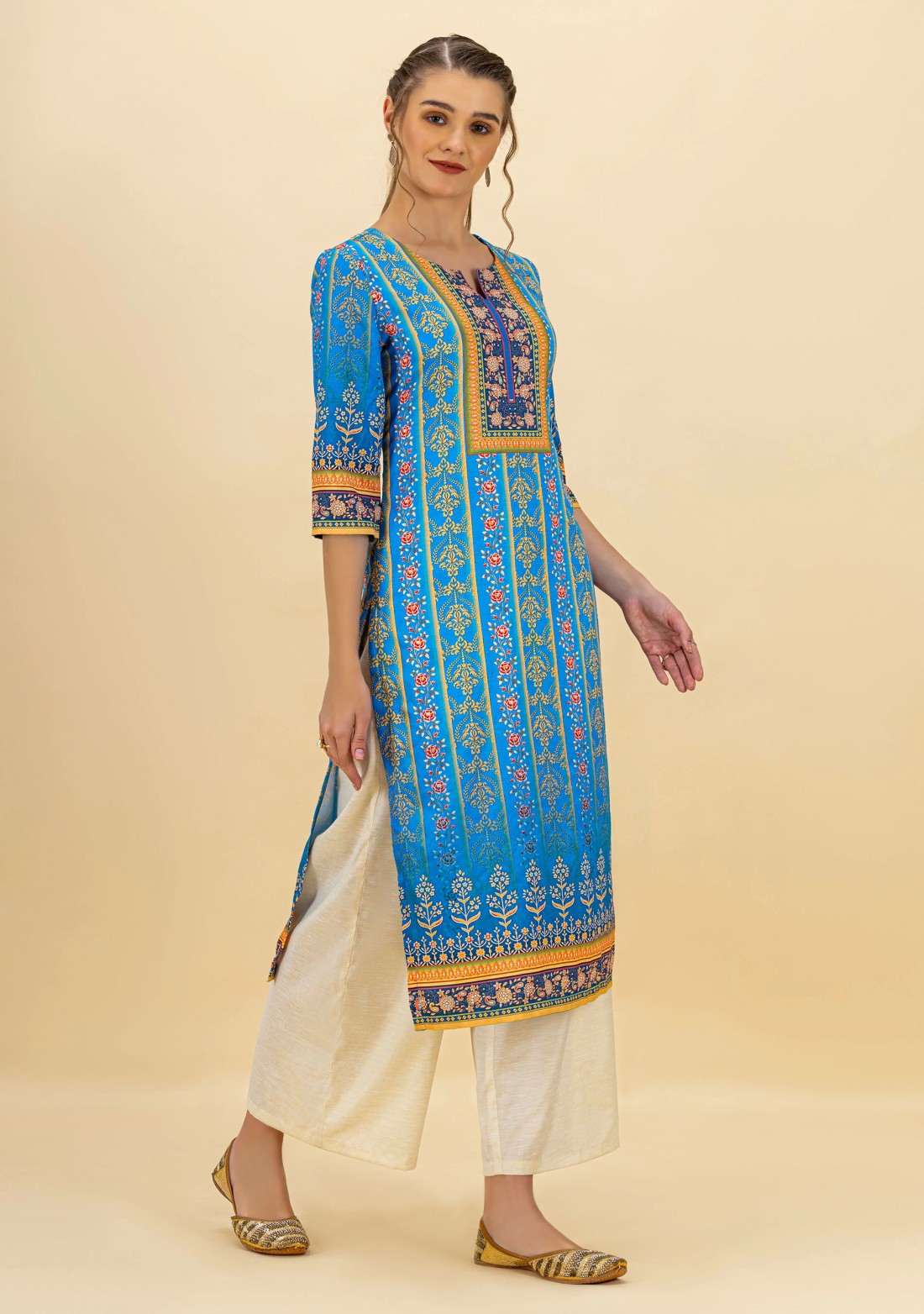 Blue Ethnic Motif Print Rayon Straight Kurta