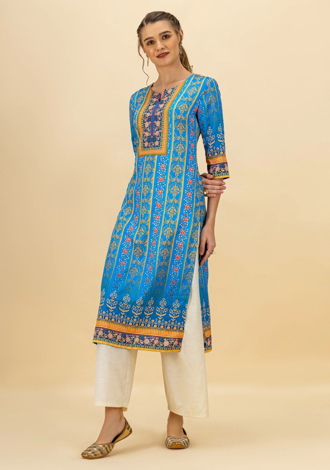 Blue Ethnic Motif Print Rayon Straight Kurta