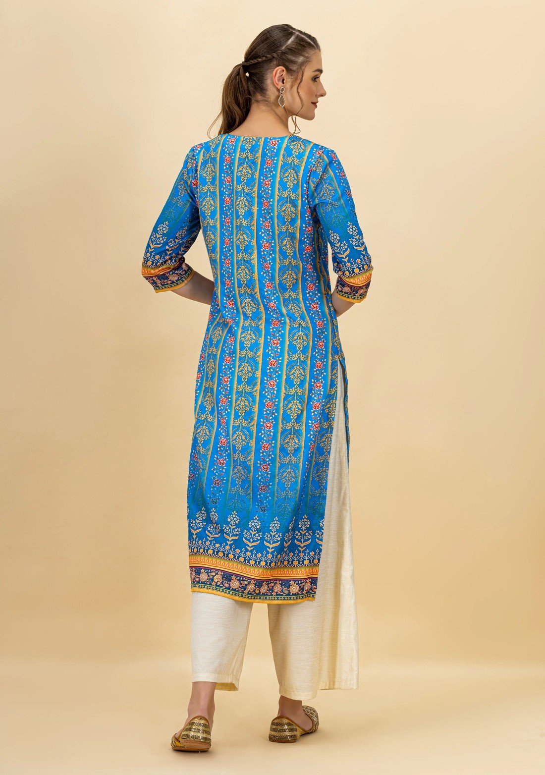 Blue Ethnic Motif Print Rayon Straight Kurta