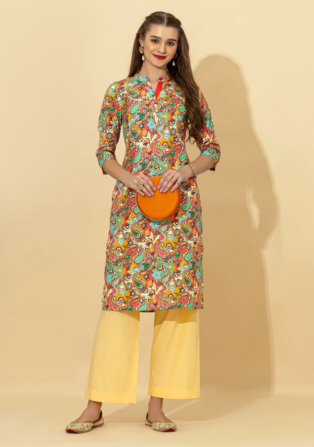 Multi Colour Paisley Print Rayon Straight Kurta