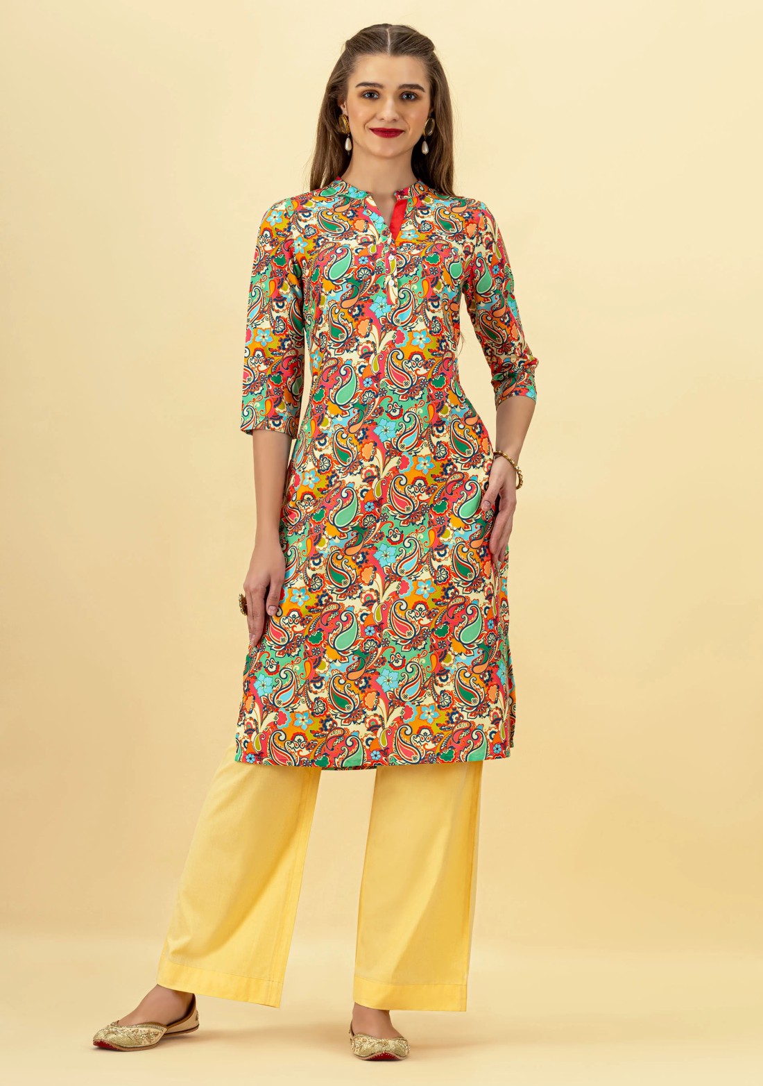 Multi Colour Paisley Print Rayon Straight Kurta