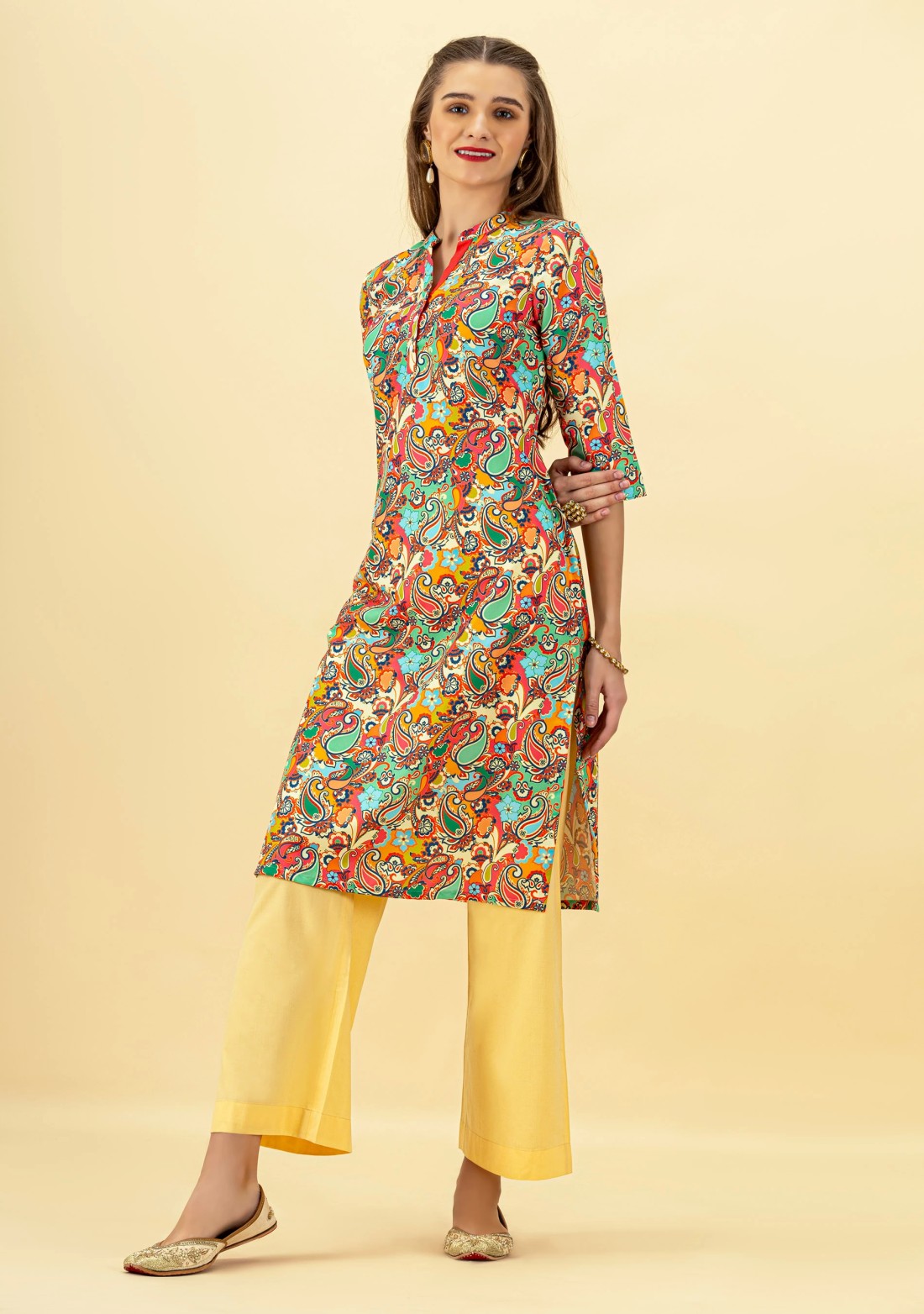 Multi Colour Paisley Print Rayon Straight Kurta