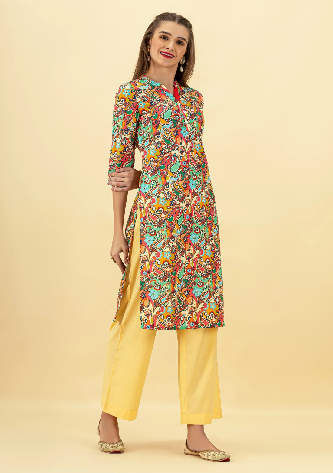 Multi Colour Paisley Print Rayon Straight Kurta