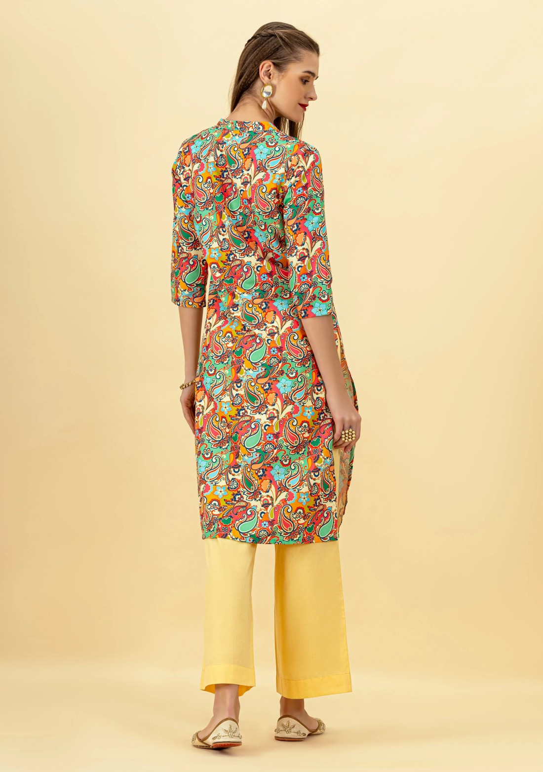 Multi Colour Paisley Print Rayon Straight Kurta