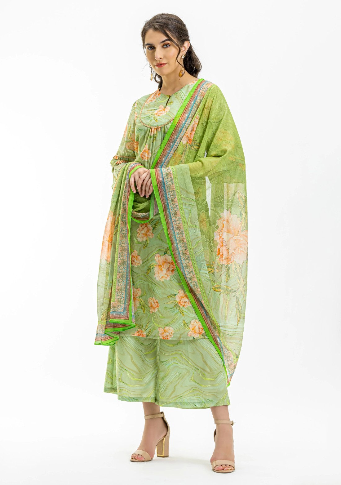 Green Floral Print Straight Kurta and Palazzo Pants with Dupatta Set