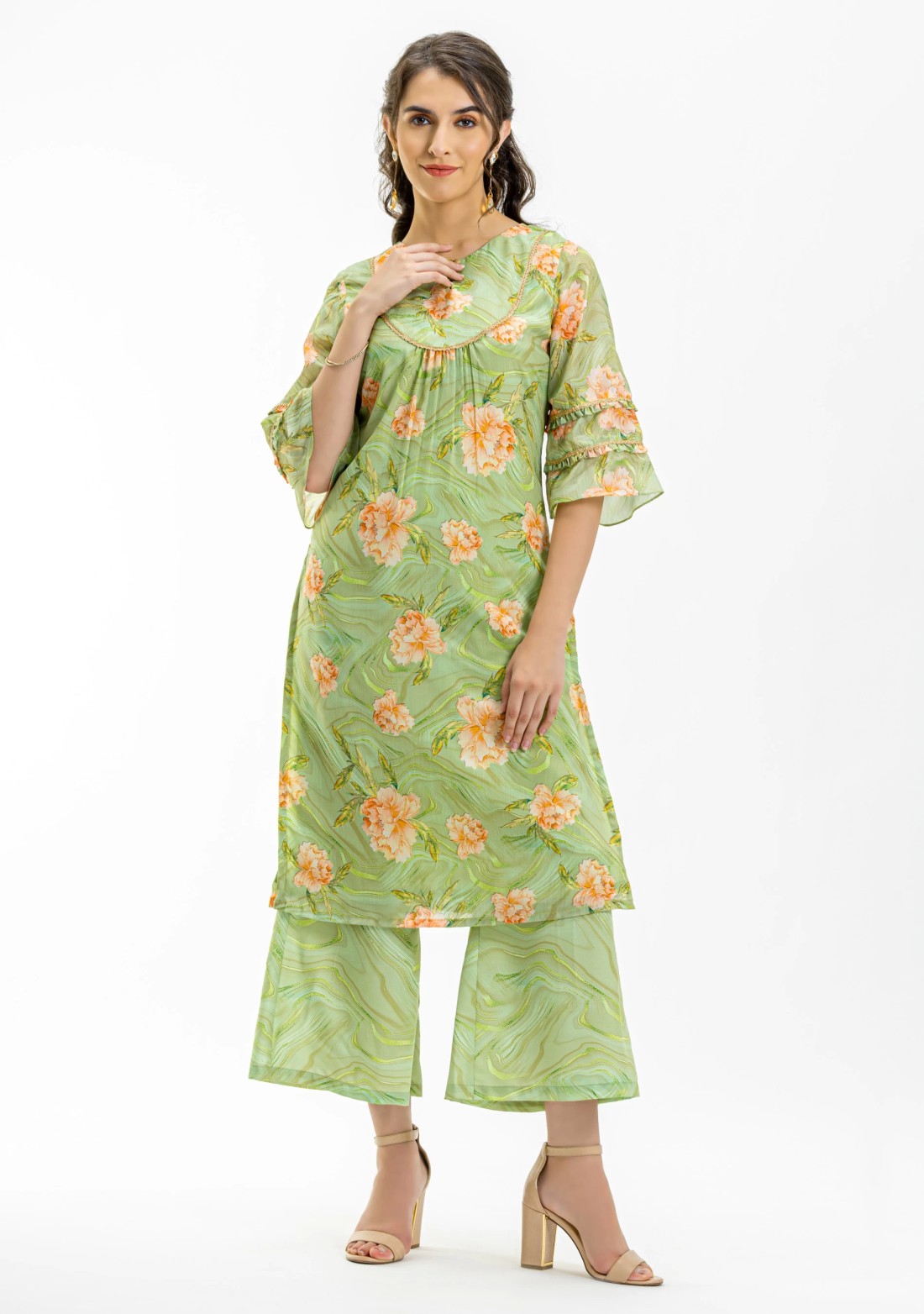 Green Floral Print Straight Kurta and Palazzo Pants with Dupatta Set