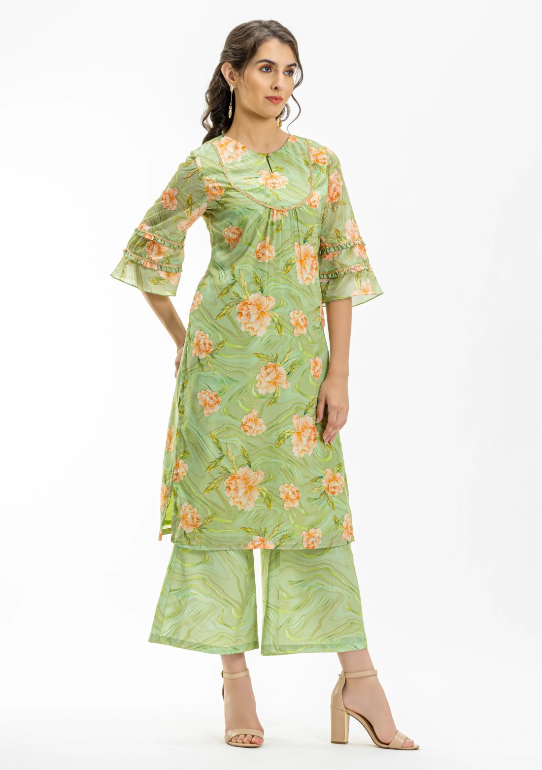 Green Floral Print Straight Kurta and Palazzo Pants with Dupatta Set