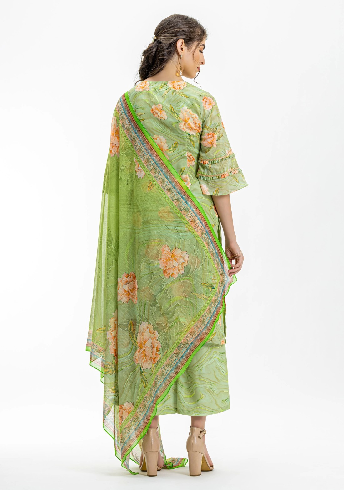 Green Floral Print Straight Kurta and Palazzo Pants with Dupatta Set