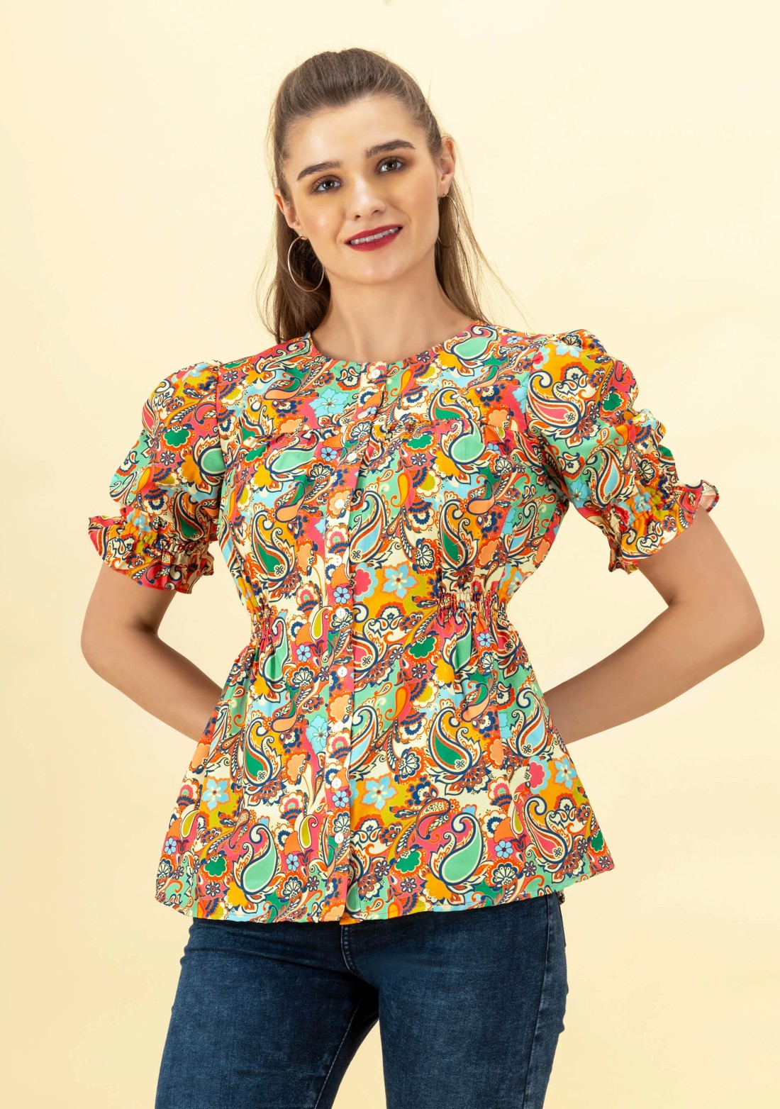 Multi Colour Paisley Print Rayon Button Down Top