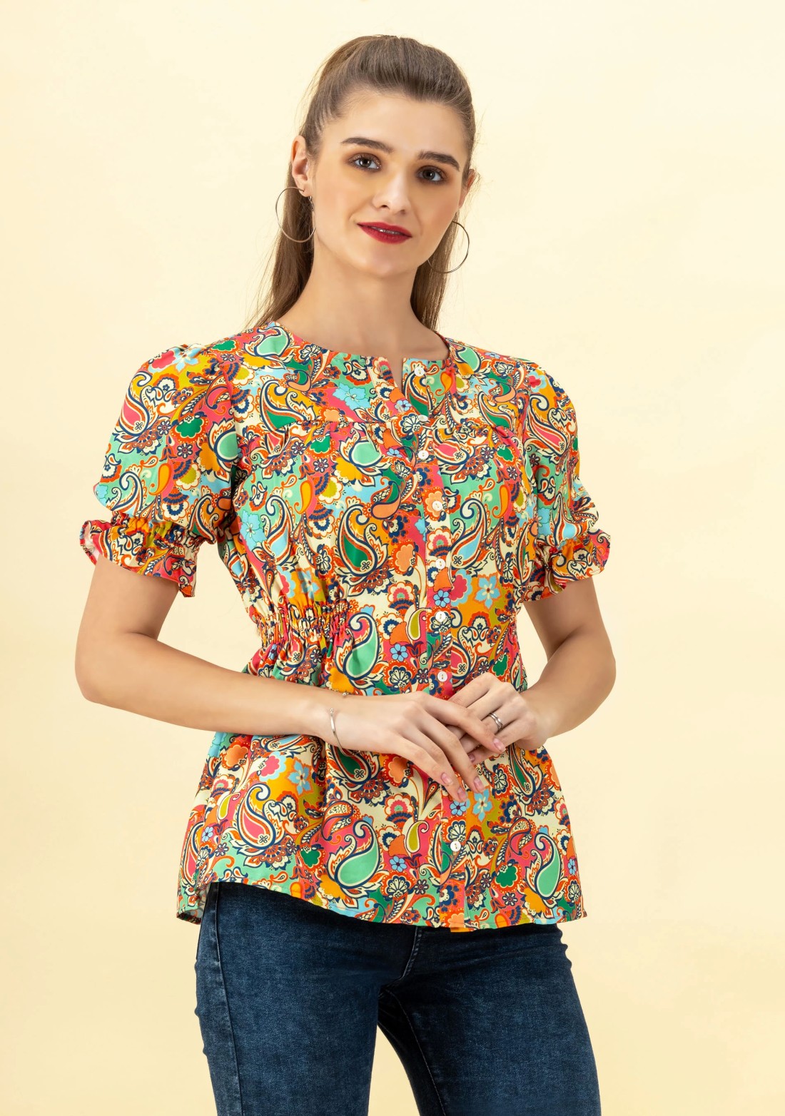 Multi Colour Paisley Print Rayon Button Down Top