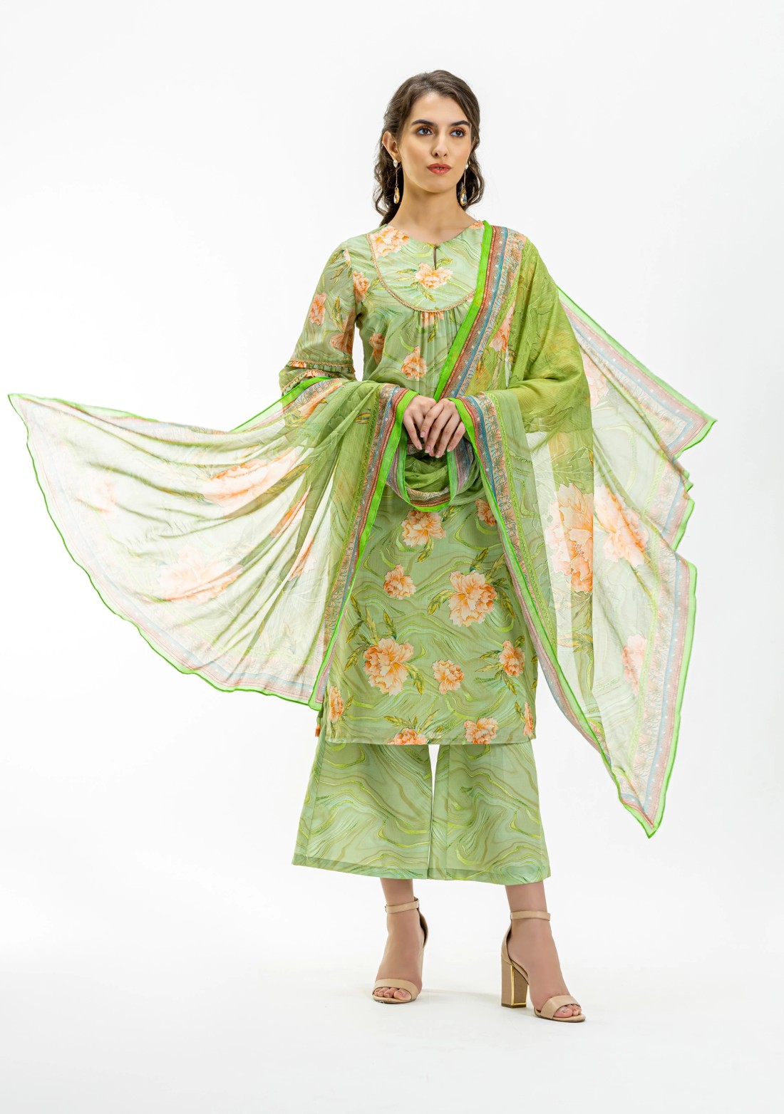 Green Floral Print Straight Kurta and Palazzo Pants with Dupatta Set