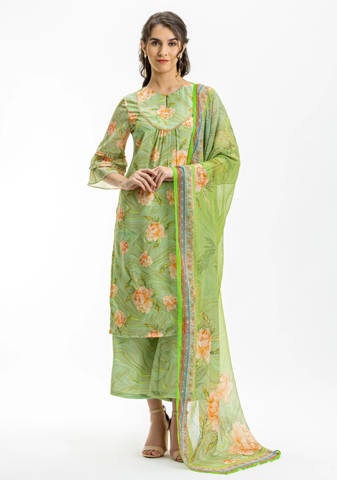 Green Floral Print Straight Kurta and Palazzo Pants with Dupatta Set