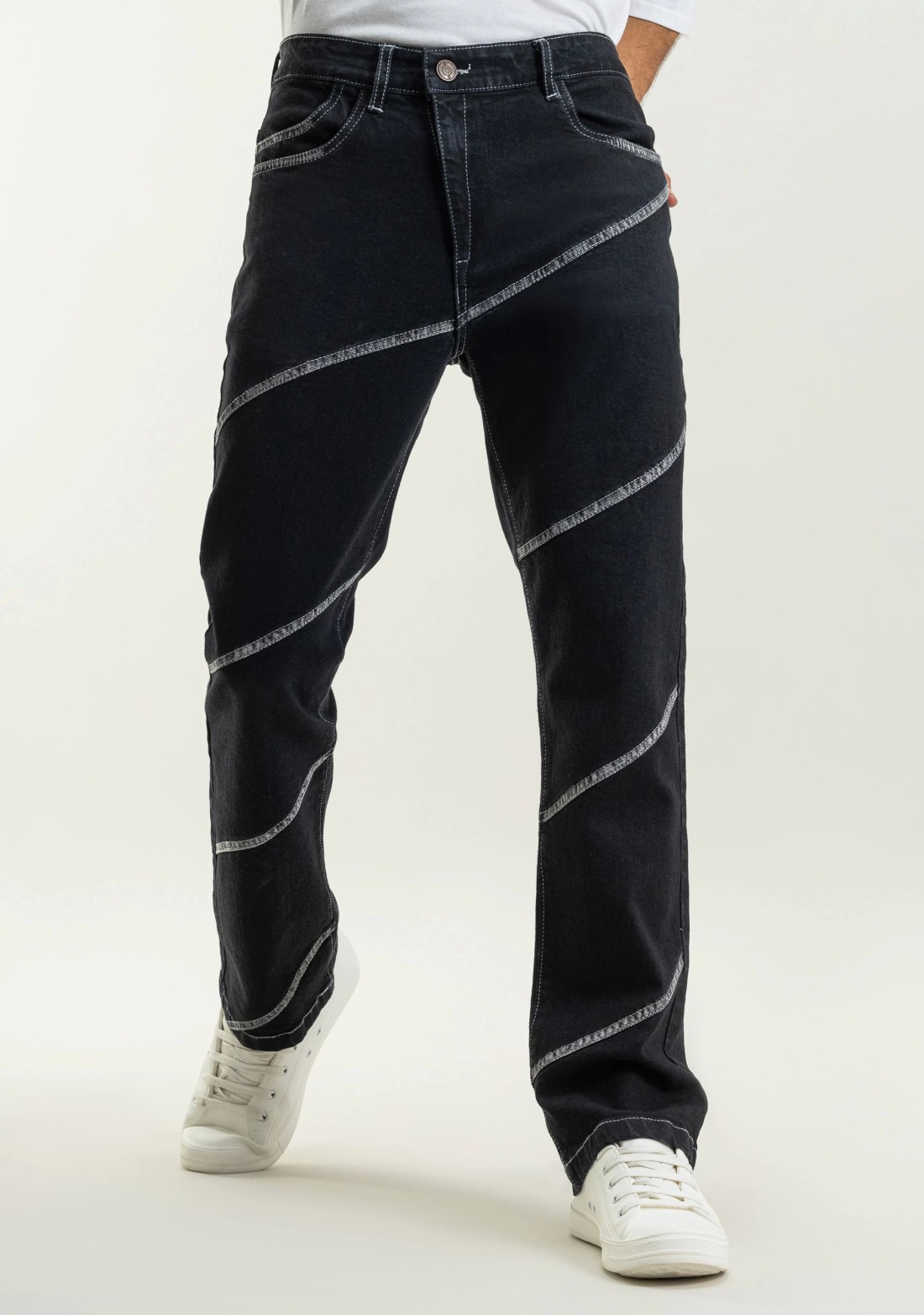 Black Boot Cut Spray Painted Cut and Sew Men's Jeans