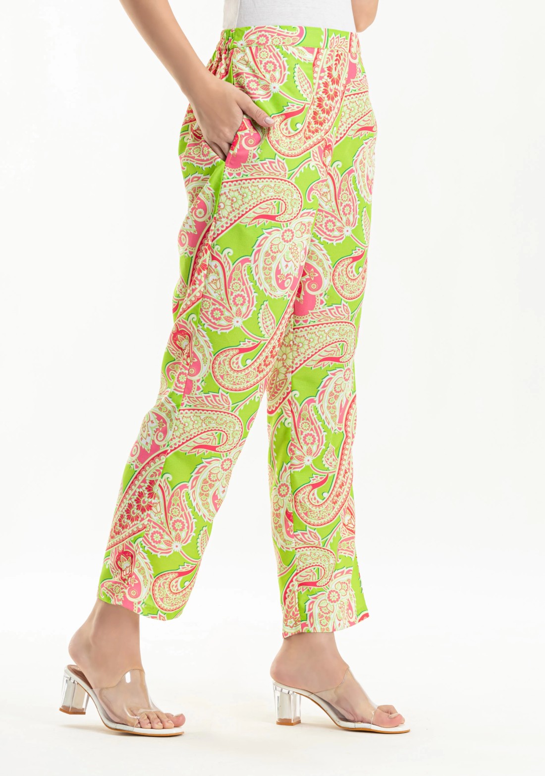 Green Paisley Print Rayon Pants