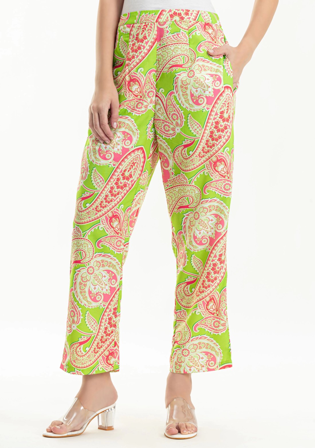 Green Paisley Print Rayon Pants