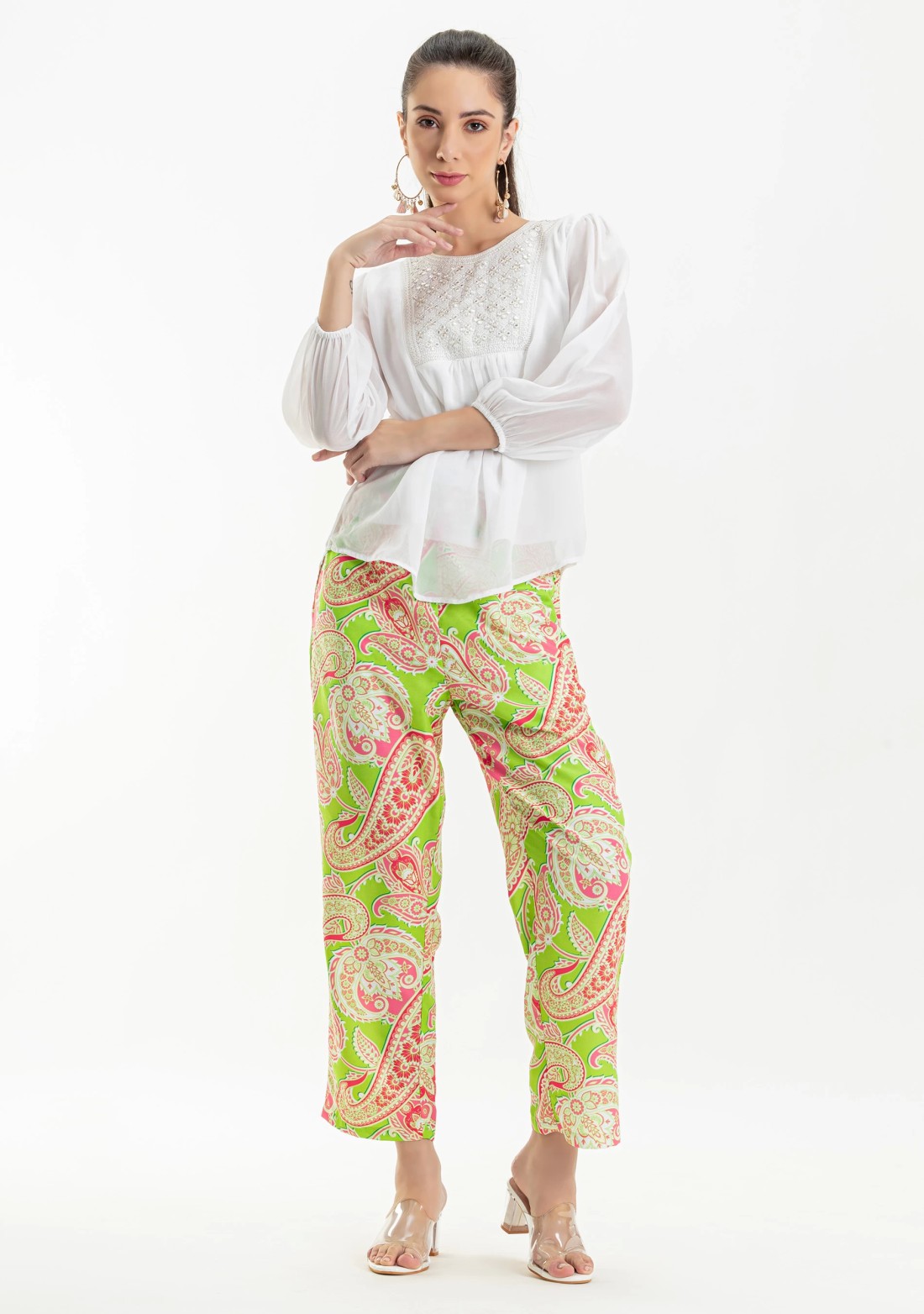 Green Paisley Print Rayon Pants