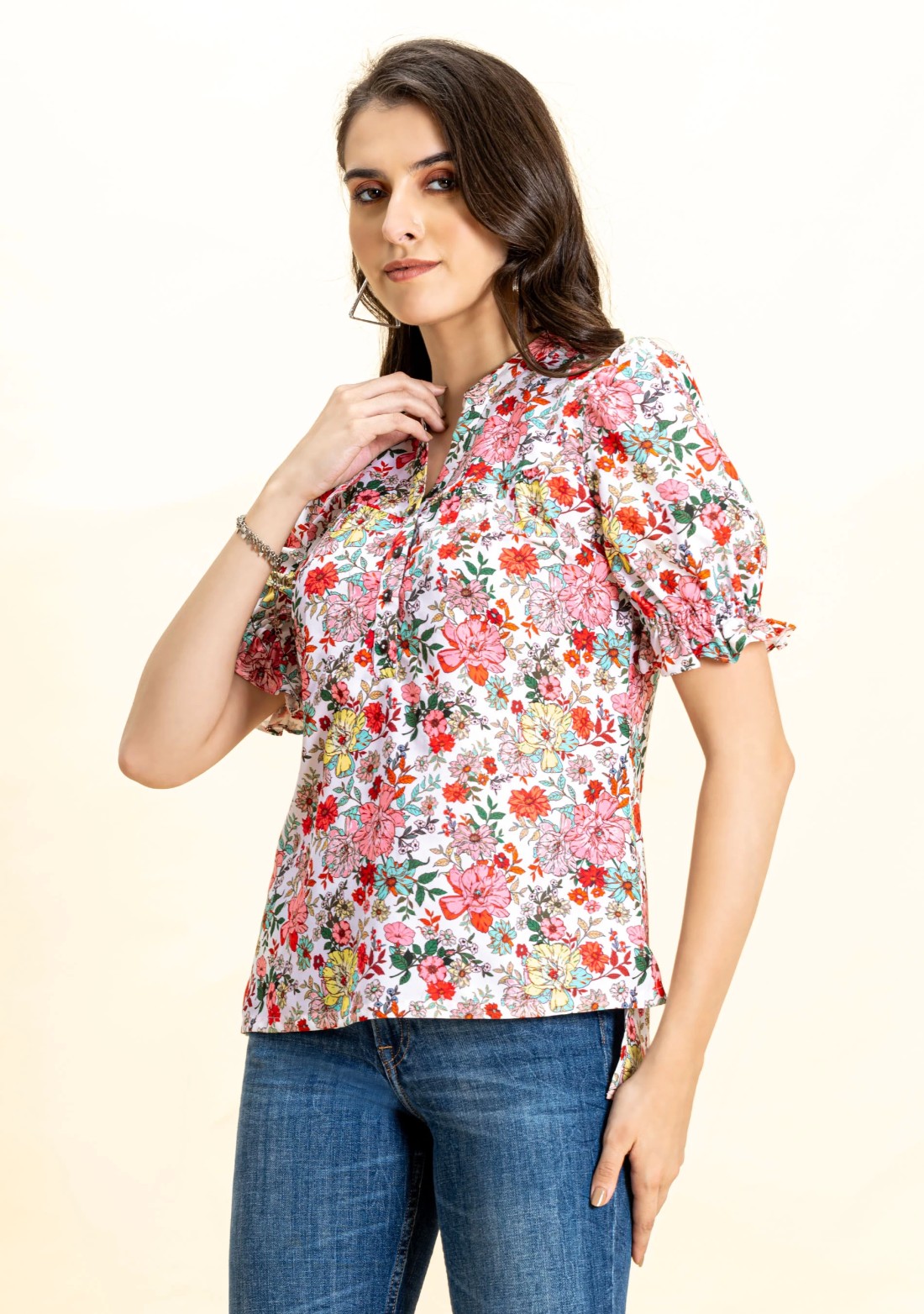 Multi Colour Floral Print Rayon Button Down Top